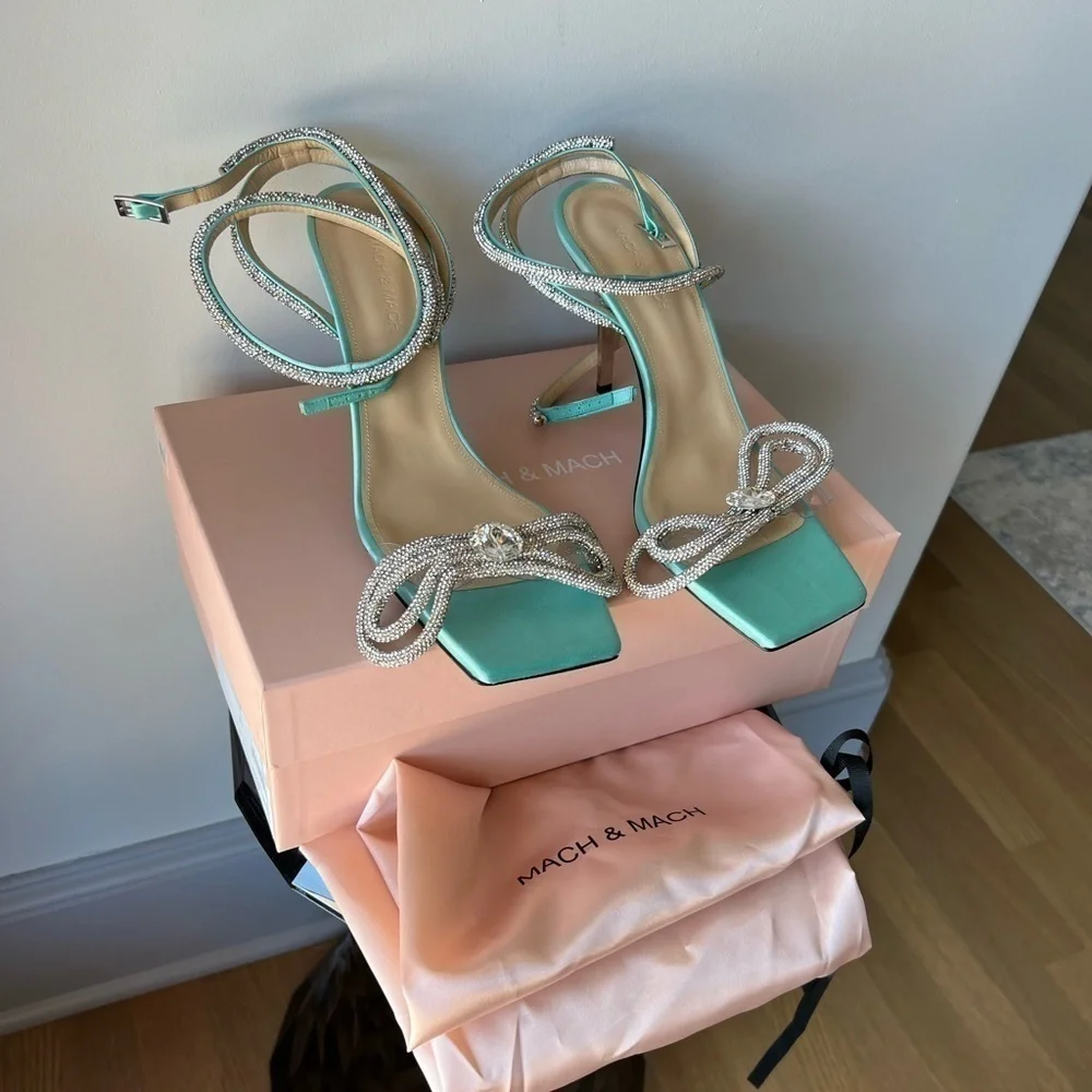 MACH & MACH Double Crystal Bow Square Toe Sandal Mint - Picture 4 of 14